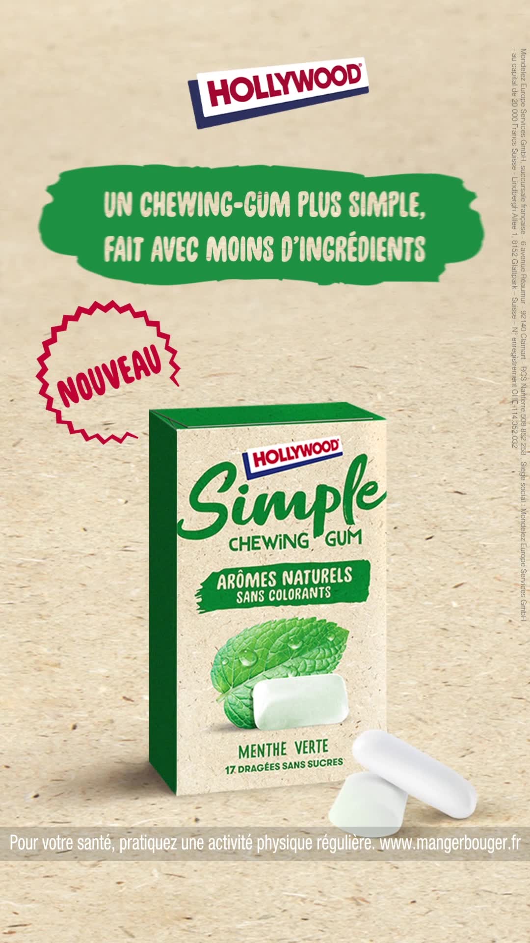 Hollywood Chewing-gum simple menthe verte s/sucres 